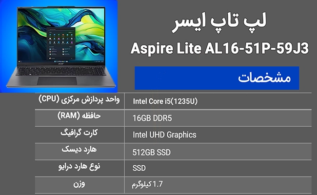 لپ‌تاپ ایسر مدل Aspire Lite AL16-51P-59J3 i5 